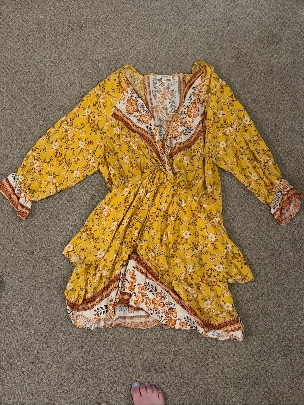 Umgee White Floral Paisley Dress with Yellow Trim